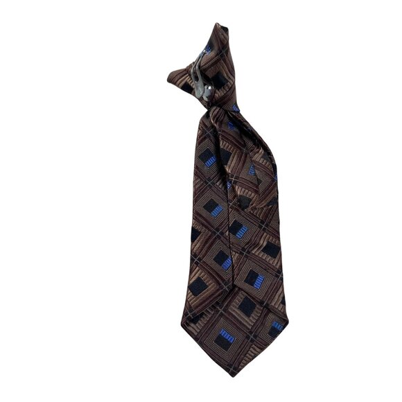 Vintage 80s Infant Toddler Clip-On Tie With Brown & Blue Geometric Pattern - Picture 2 of 5
